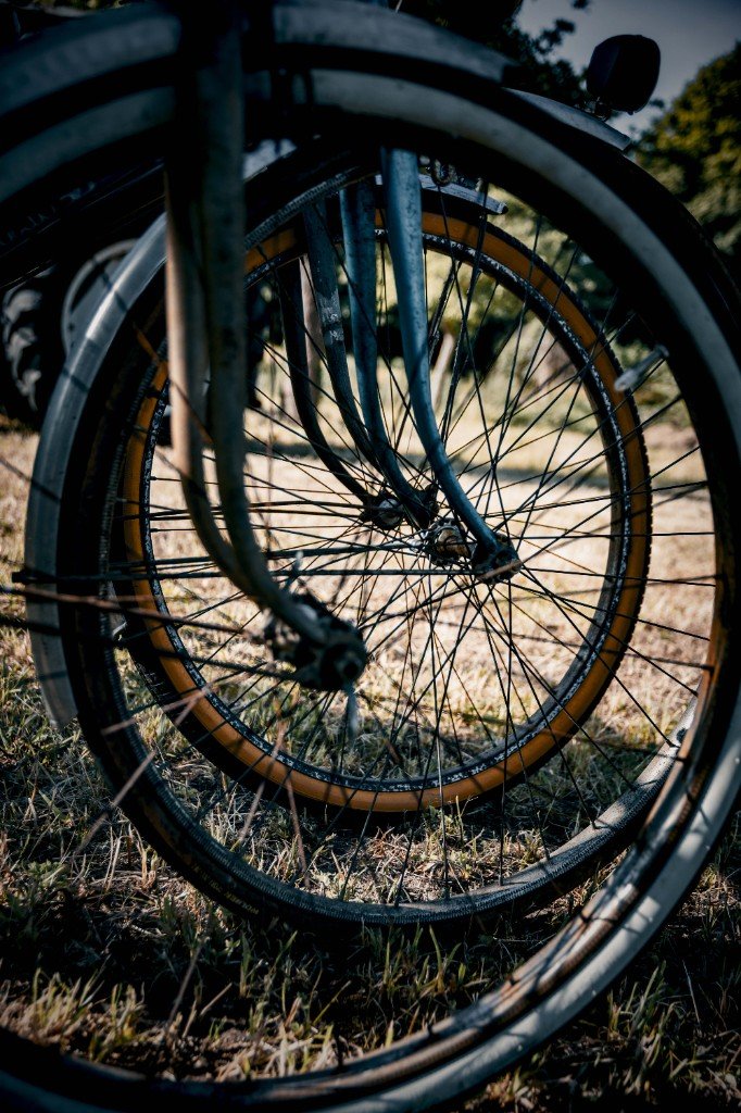 Gros plan sur les roues et rayons de vélos vintage au Vélo Vintage 76